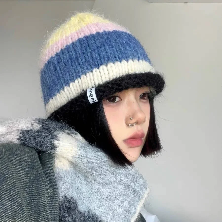 Korean Version Playful Rolled Edge Striped Knitted Hat For Women In Autumn And Winter, Warm Ear Protection, Cold Hat, Woolen Hat