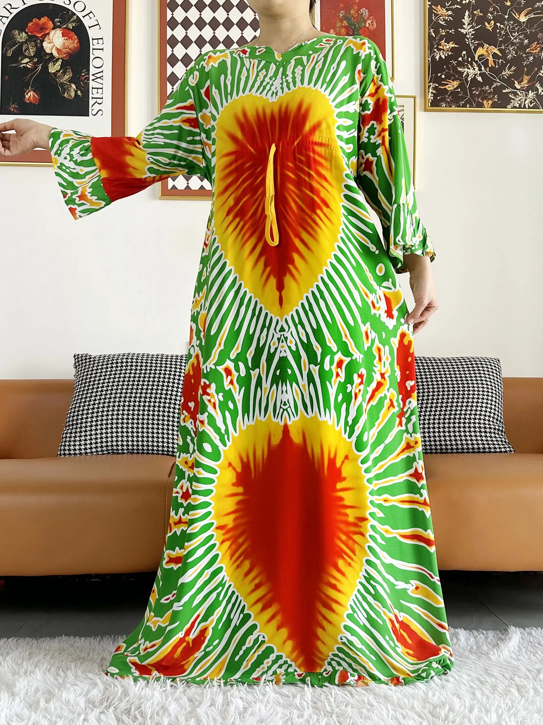 2024 Muslim Long Sleeve Tie-dyed Dashiki Cotton Floral Dress Printing Loose Caftan Dress Islamic Clothing Casual Vestido