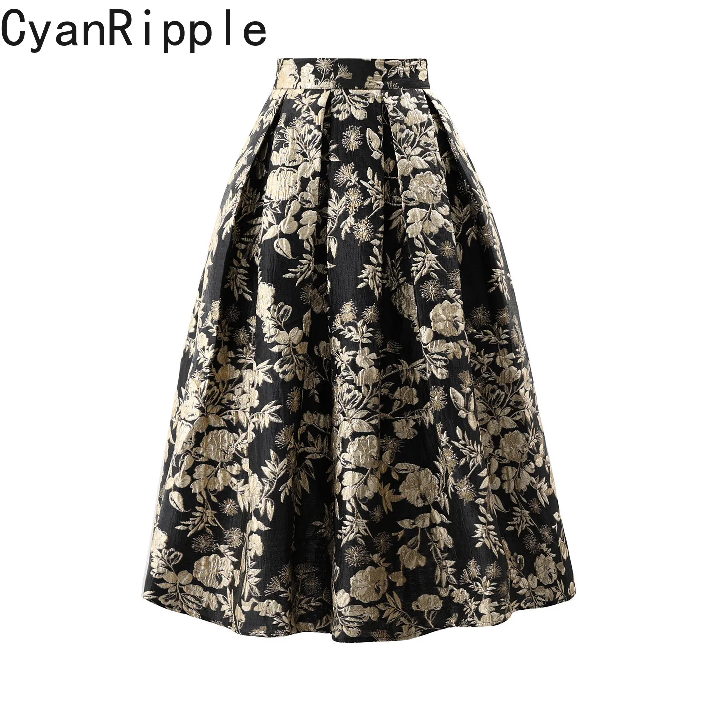 

High Quality Vintage Gold Embroidery Flower Elegant Puff Skirt New Spring Autumn High Waist Mid-length Women Casual A-line Skirt