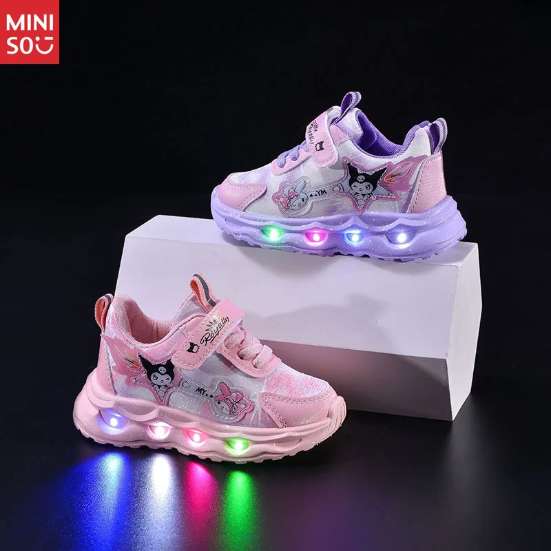 

Miniso 2025 Girls Light-Up Shoes - Waterproof Leather & Breathable for Fall/Winter, Soft Sole Running Sneakers