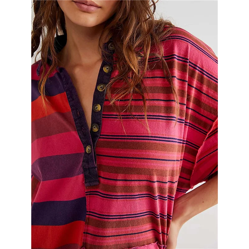 CYL-レディース コントラストストライプ ベビードール Y2K サマー パッチワーク Tシャツワンピース ヴィンテージ Vネック 半袖ワンピース