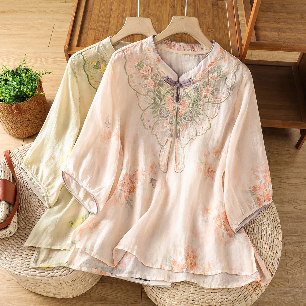 

Loose Fit Embroidered T-Shirt New Chinese Style Summer 2026 Women's plus Size Base Shirt Artistic Commute Style Floral Pattern
