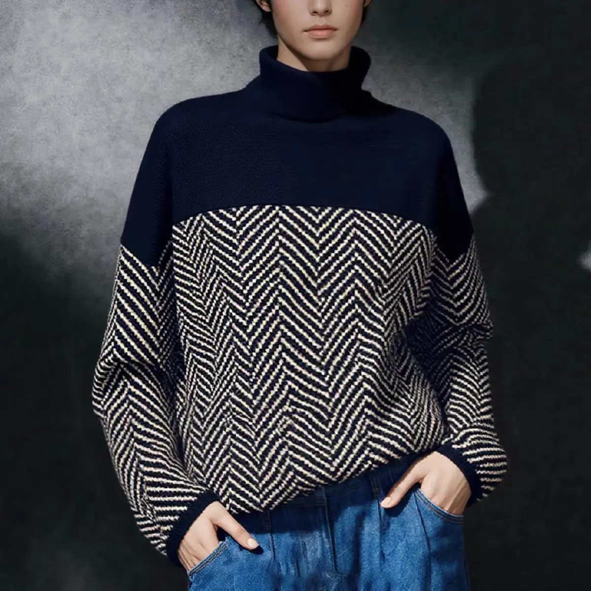 Advanced good-looking color matching turtle neck women's autumn and winter new plus size loose lazy sweater top