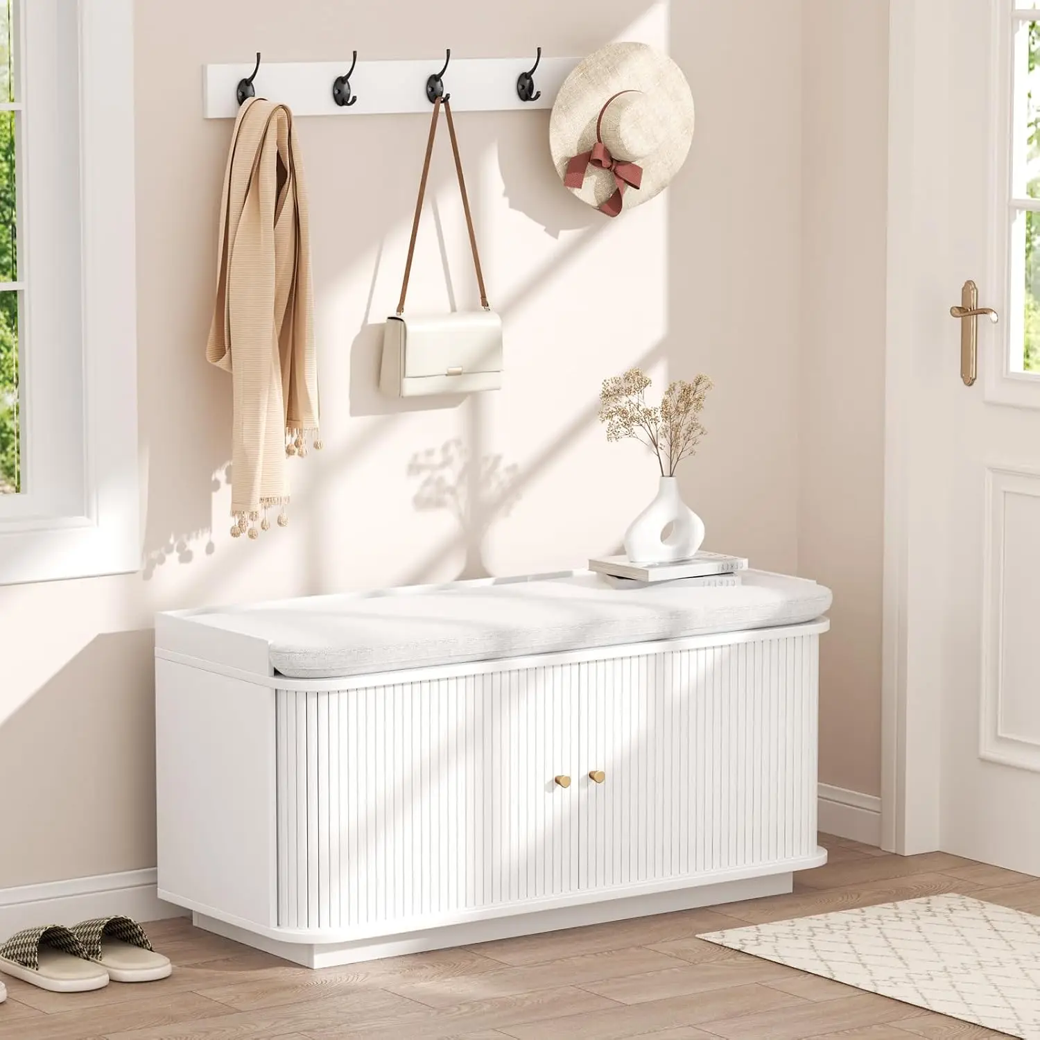 Hall Tree Bench Shoe Storage Sliding Door Cabinet Padded Seat Metal Hooks Adjustable Compartments Entry Hallway, Customized