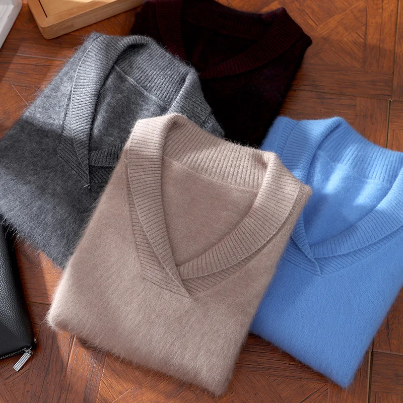 

Fall/Winter 2025 New Mink Cashmere Men's Green Collar Solid Color Sweater Pullover Casual Wool Knitted Bottom Shirt