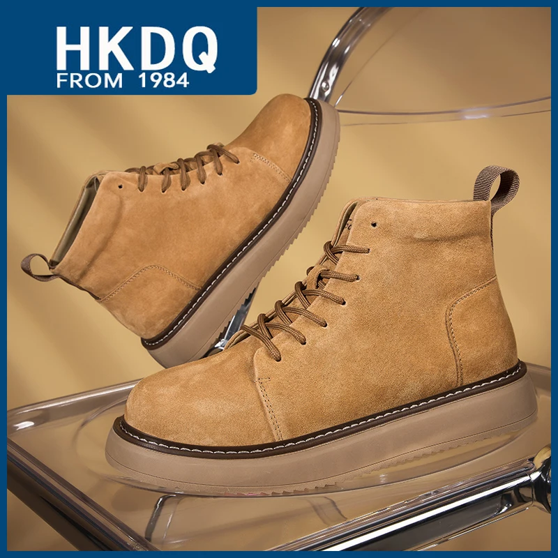 

HKDQ Genuine Leather Men's Leather Boots High Quality Brown Platform Ankle Boots Man Trend Comfortable Lace-up High-top Boot Men