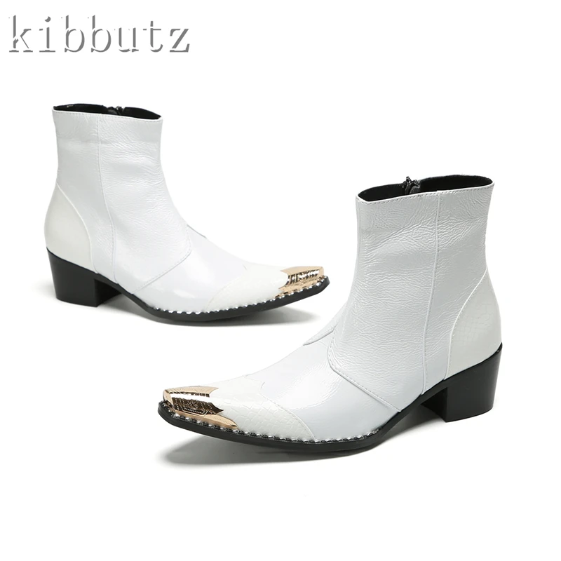 

Men's New Leather Chelsea Boots White Cowhide Metal Toe Rivets High Heel Ankle Boots Fashion Wedding Party Dress Shoes