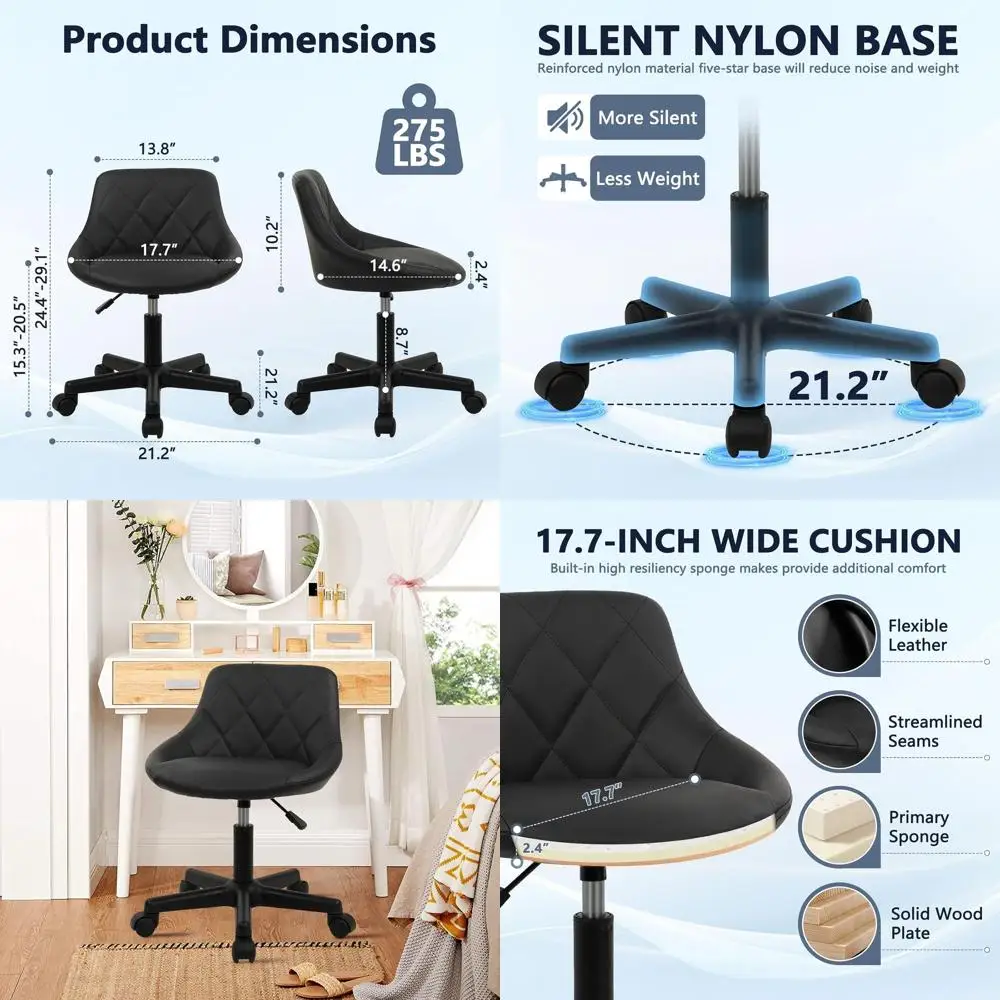 

Ergonomic PU Leather Swivel Stool with Adjustable Height, Rolling Office Chair for Desk, Makeup, and Spa, Black
