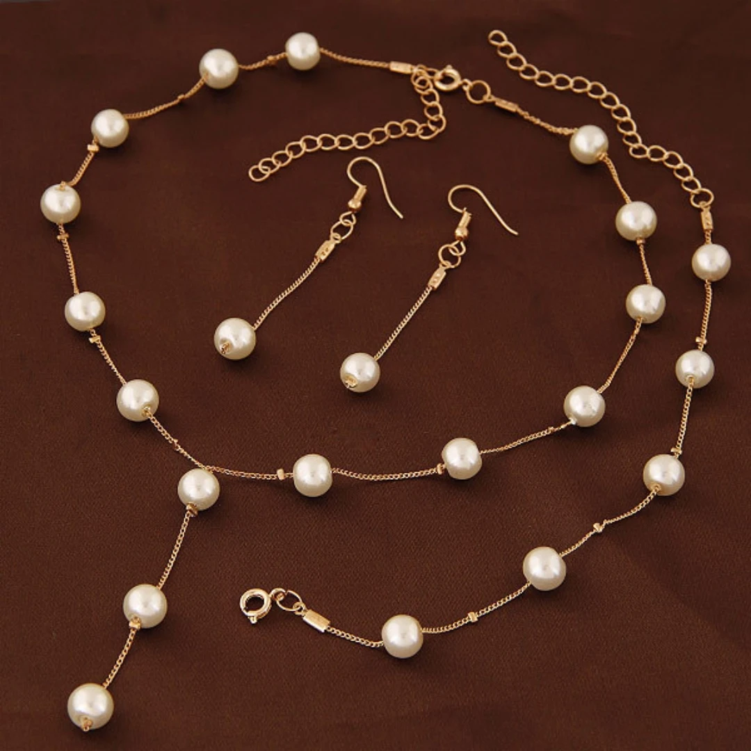 4pcs Gold-color Necklace Earring Bracelet Set Ladies Elegant Imitation-Pearls Collection Temperament Tassel Jewelry