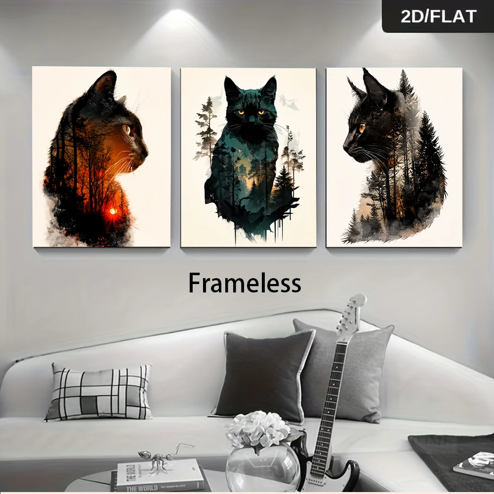 1 set of frameless decorative paintings featuring black cats in a forest, animal and landscape art, 2D flat design.