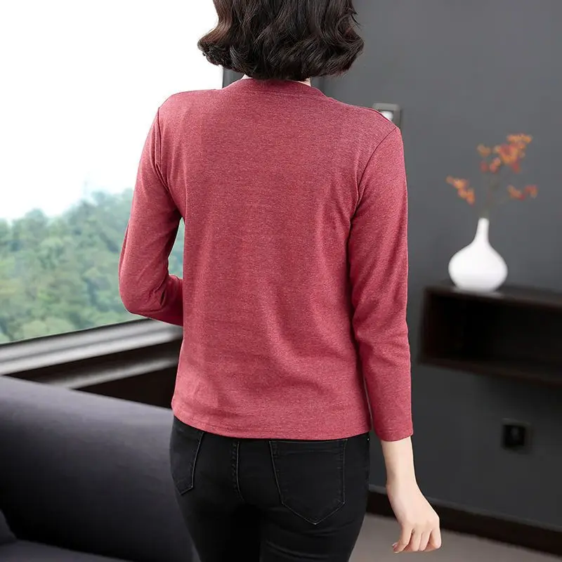 Women\'s Pure Cotton T-shirt 2023 Spring and Autumn New Fashion Solid Color Printed Long Sleeved Round Neck Loose Pullover Tops