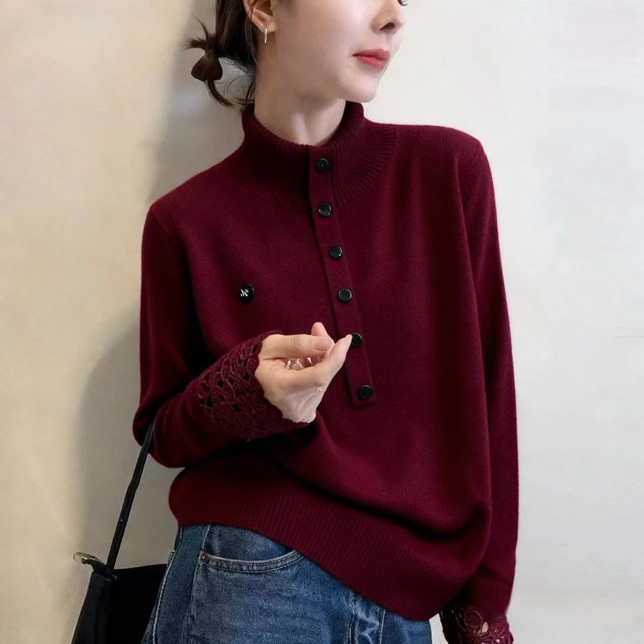

Korean Style Loose Solid Knitted Sweater High Collar Hollow out Splicing Design Soft Autumn Winter Lazy Match All Pullovers F470