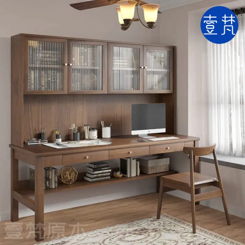 Solid wood desk bookcase combination household double computer desk modern long desk log study table workbench