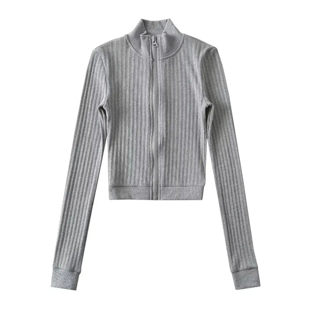 

Women's Slim Fit Stand Collar Zipper Cardigan Solid Color Long Sleeve Knitted Top for Spring Hot Girl Fashion Tight Pit Coat