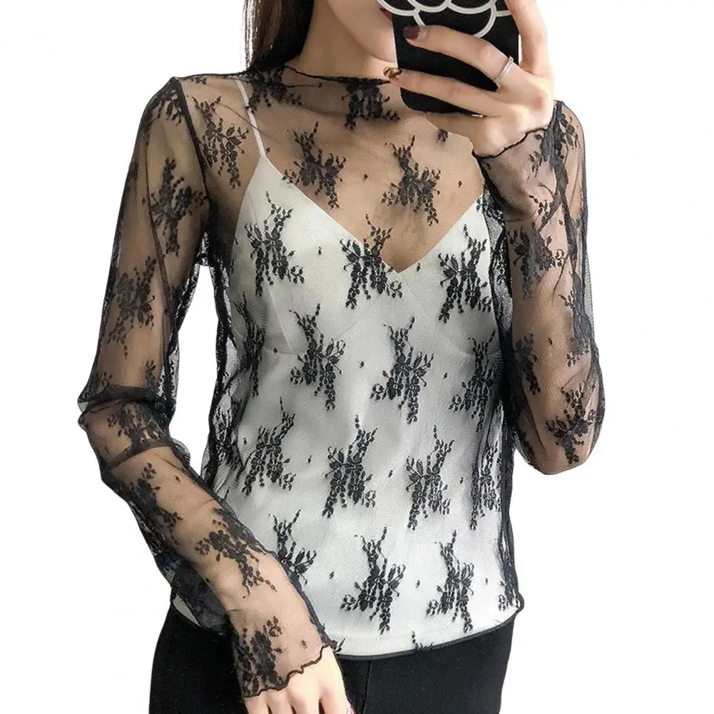 

Floral Hollow Mesh Sheer Women Tops Sexy Crew Neck Long Sleeve Embroidered Lace See-Through Shirt Clubwear