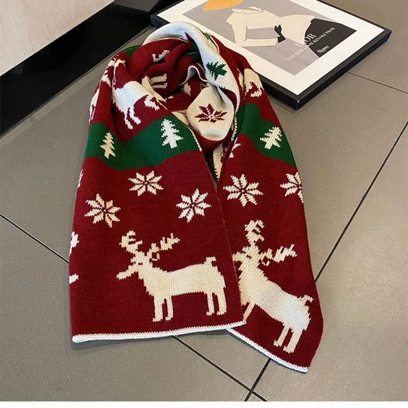 Christmas Present  Winter Warm Scarf for Women Men Deer Elk Double-Sided Knitted Scarves Fashion Versatile Woolen Shawl Girls