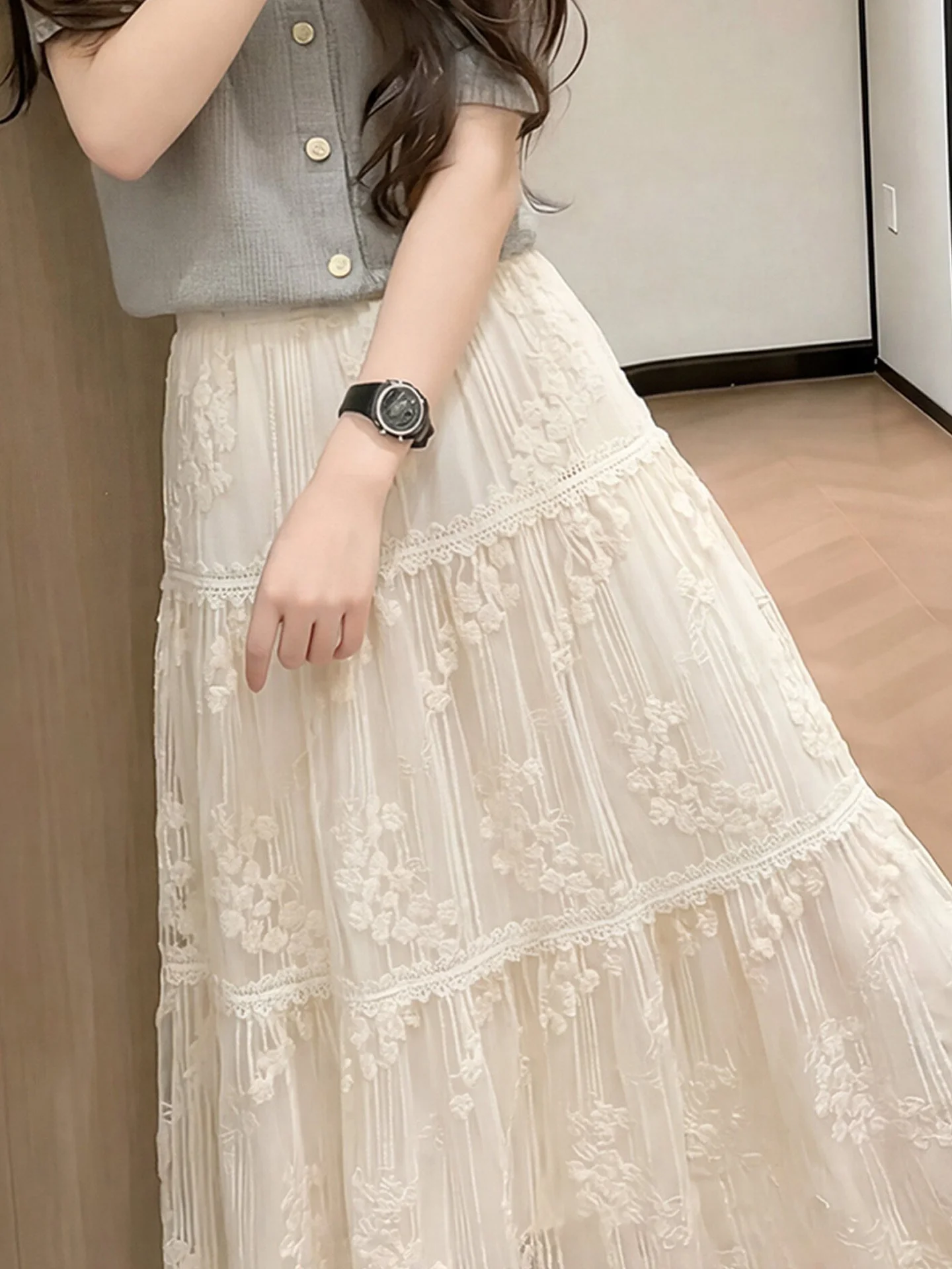 Korean Style Country  Light Tawny Lace A-Line  Skirt Women's High Waist Slim Fit Cake Long Skirts for Autumn