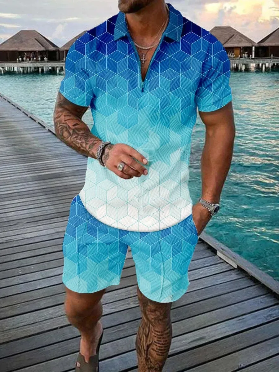 Fashion Men Clothing 3D Print Summer Yellow Wave Point Zipper Polo Shirt Shorts 2 Pcs Sets Tracksuit Suits Oversized Loose Sets