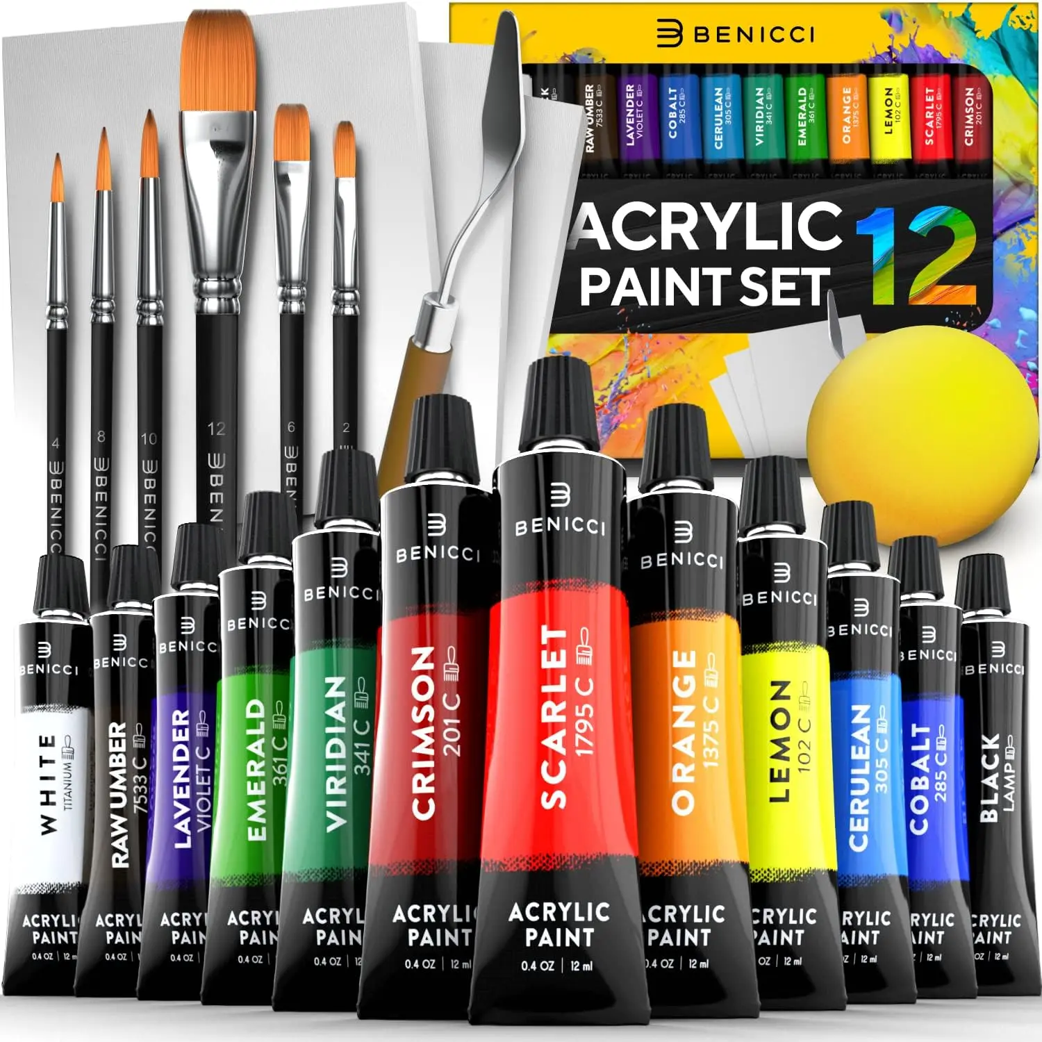 

Complete Acrylic Paint Set with 12 Colors, 6 Brushes, Canvases & Tools - Non-Toxic for Kids and Adults