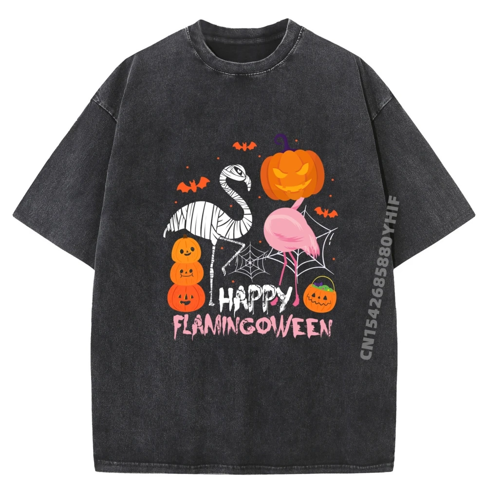 

Happy Flamingoween Скелет Тыква Вечеринка Осенние мужские топы Футболки Ретро стираные футболки Мужская футболка с графикой