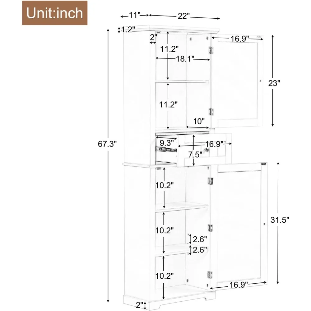 خزانة حمام طويلة Linique 67.3 H، مخزن خشبي قائم بذاته مع درج واحد، رف قابل للتعديل ومقابض دائرية معدنية، Gr