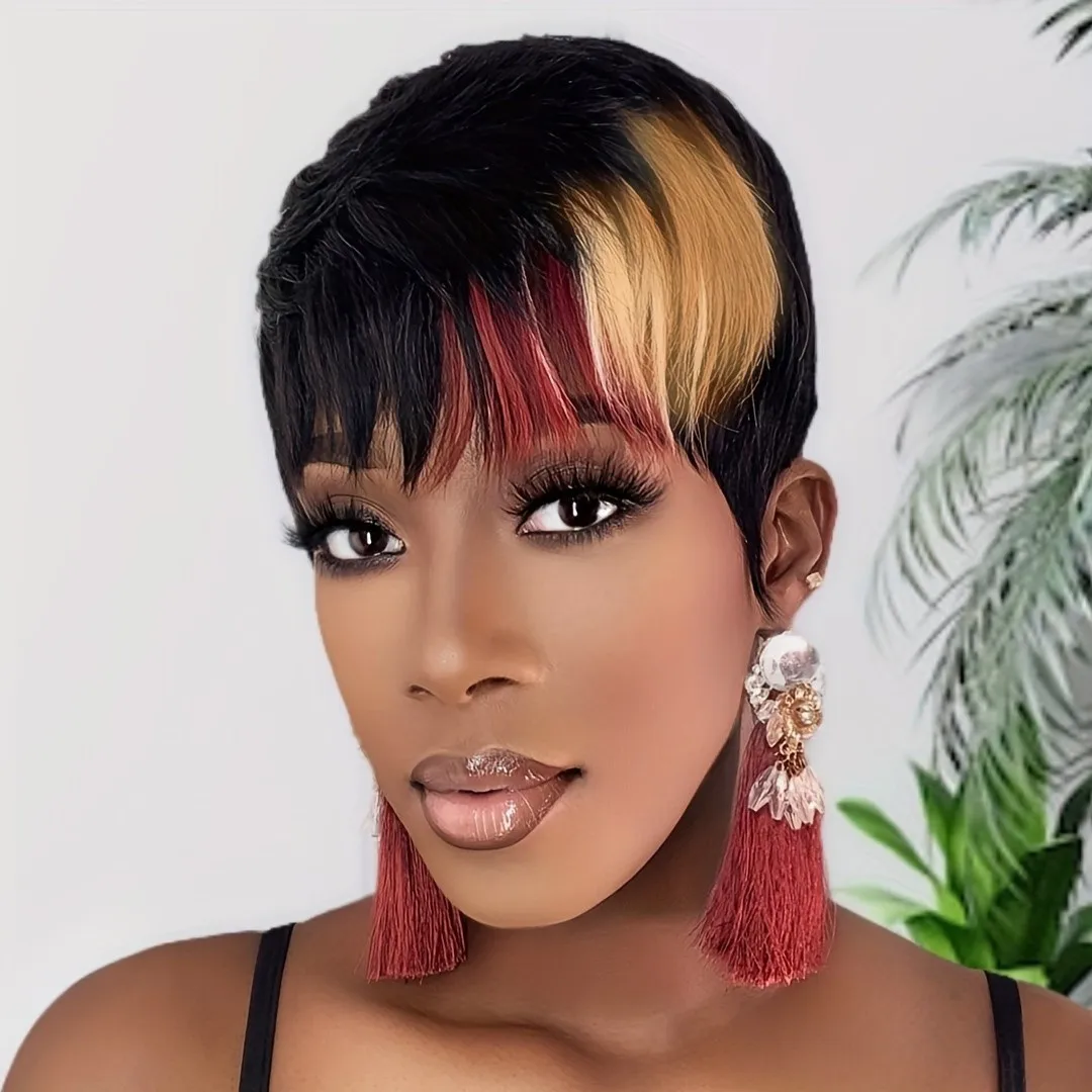 باروكة للاستخدام اليومي للحفلات، باروكة شعر بشري مستقيمة قصيرة مصنوعة آليًا، باروكة بيكسي باللون الأسود والأحمر للنساء، شعر مستعار بقص عابث #4