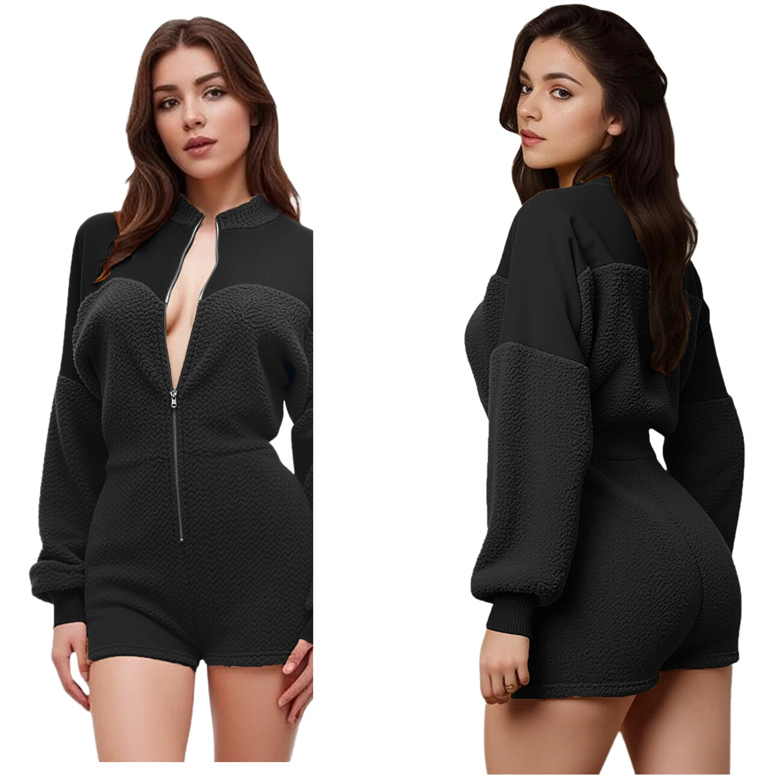 

Женский стильный флисовый лоскутный комбинезон, Клубная одежда, Rave Party, с длинными рукавами и молнией спереди, шорты для мальчиков, боди для выходных покупок