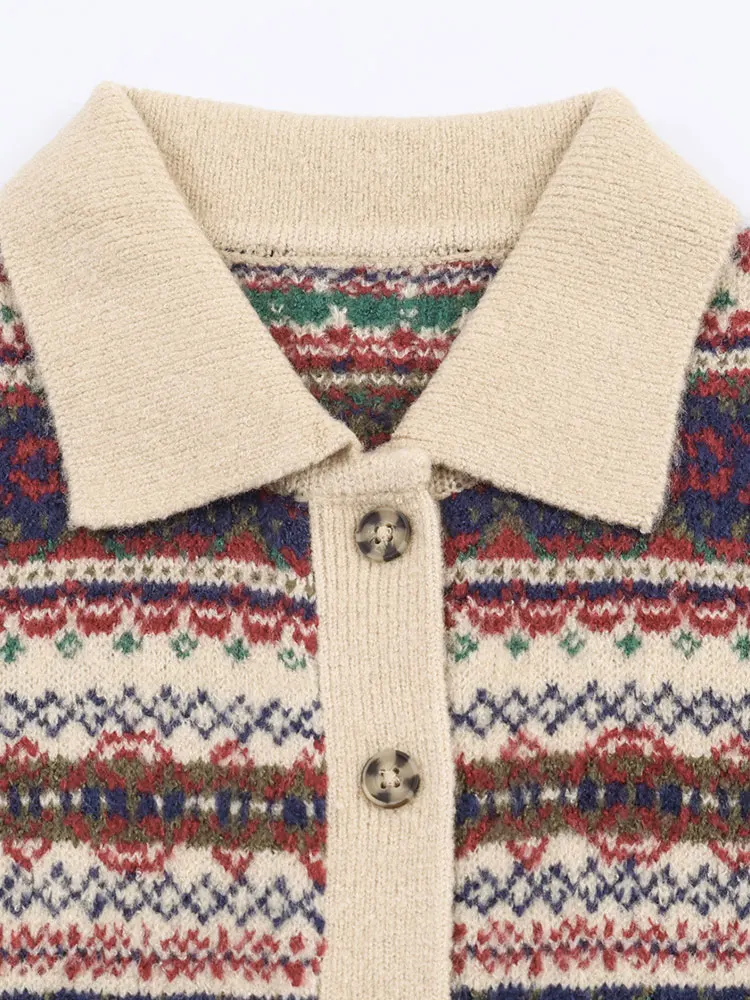 Nlzgmsj الخريف المرأة محبوك معطف موضة كم طويل زر شريط طباعة سترة مشغولة من الصوف المرأة أنيقة خمر معاطف قصيرة