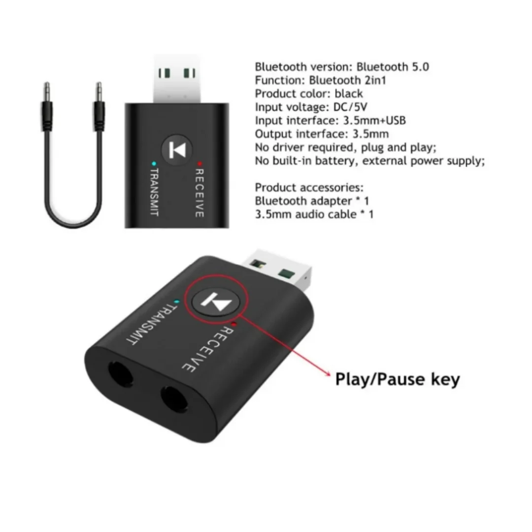 Bluetooth 5.0 2 in 1 Transmitter Receiver 3.5mm AUX USB Audio