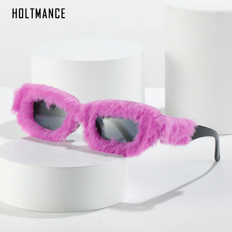 

HOLTMANCE New Winter Plush Innovative Square Sunglasses Personality Weird Hair Inlaid Sun Glasses UV400 Fashion Accessories