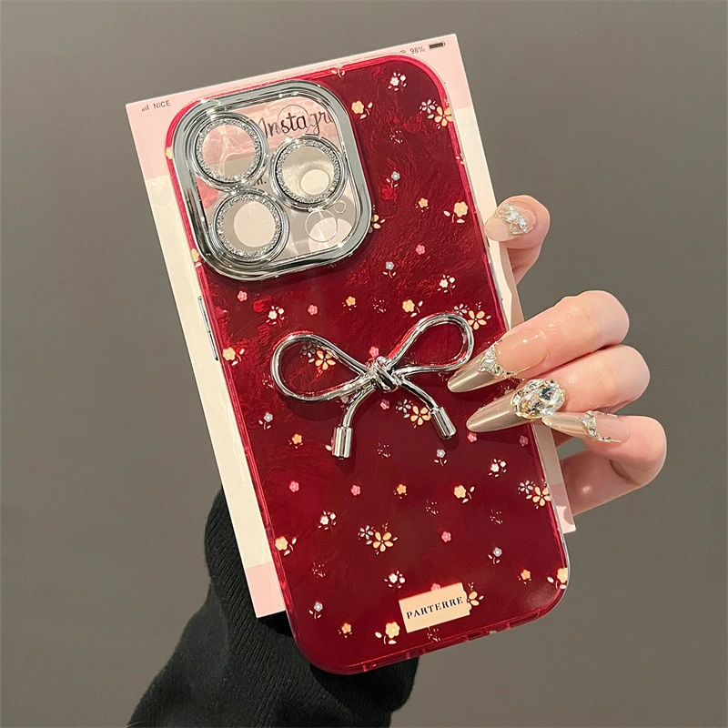 Luxury 3D Bowknot Floral Phone Case For iphone 16 15 14 13 12 Pro Max Girl Glitter Camera Protection Soft Cover Red Back Shell