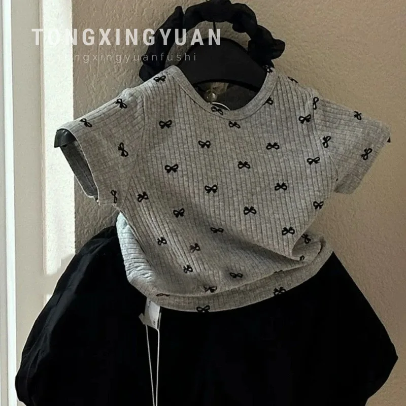 

South Korea Children's Clothing Children's Shirt Summer New Western Style Girls' Floral Short SleeveTT-shirt Two-Piece SuitT