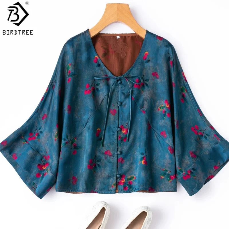 Birdtree, 24MM 100% Silk Jacquard Satin Blouse, Batwing Sleeve, Women Floral Luo Xiangyunsha Silk Tops, 2026 Summer New T66120JF