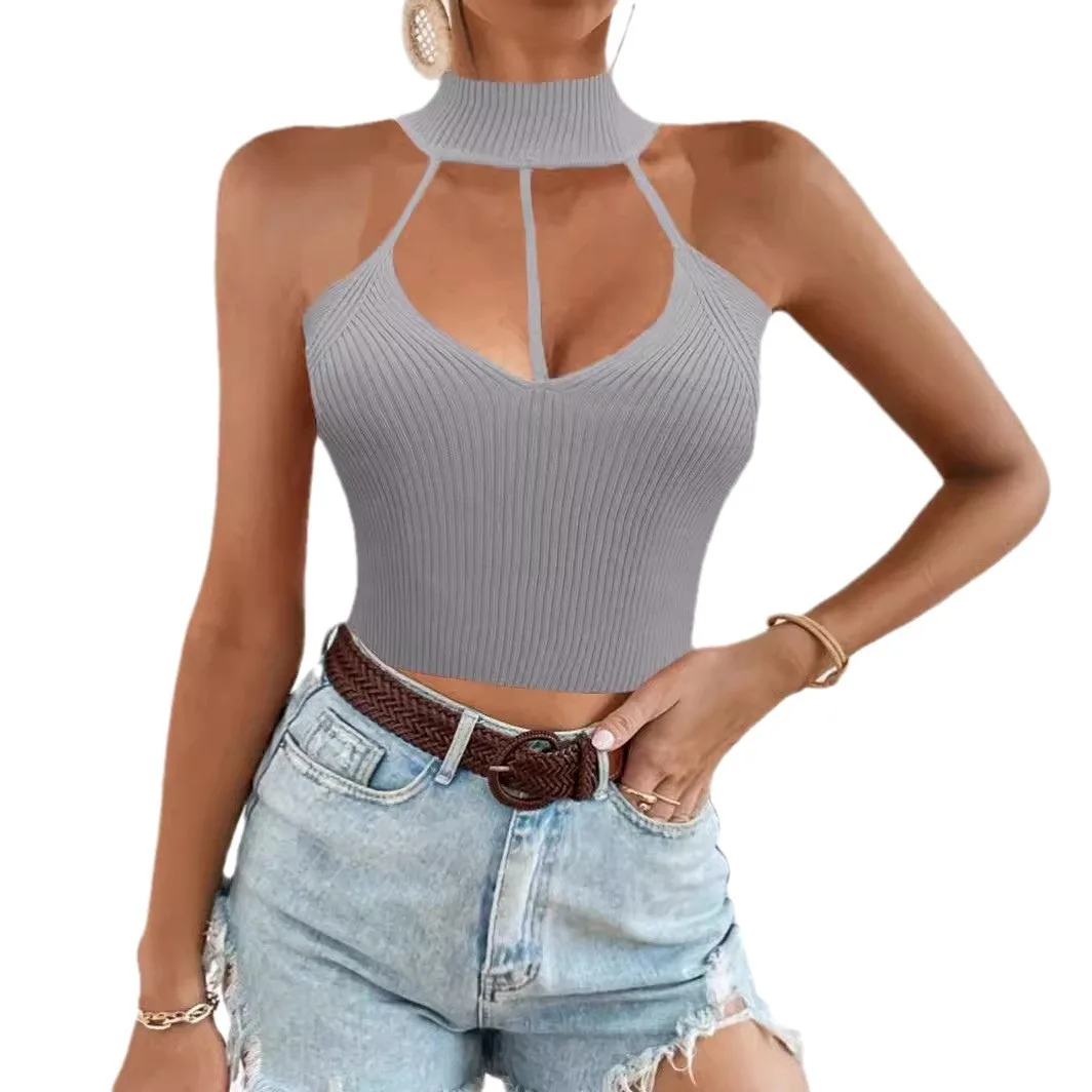 Women's Vests T-shirt 2025 Summer Sexy Hollow Hanging Neck Knit Tops Vest Lingerie Woman Sexy Top Damski Lato Krótki Y2k Seet