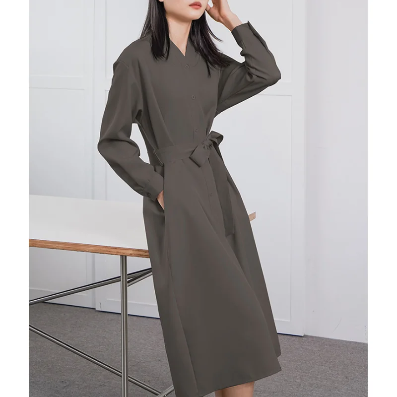 

Japanese and Korean Spring and Autumn New Elegant Women's Loose Dress Belted Trench Coat Long Skirt Women