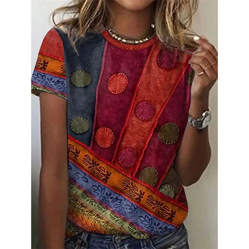 Summer Vintage Ethnic Style Geometric 3D Print T-shirts Women Streetwear Casual Short Sleeve T Shirt O-neck Tees Tops Clothing