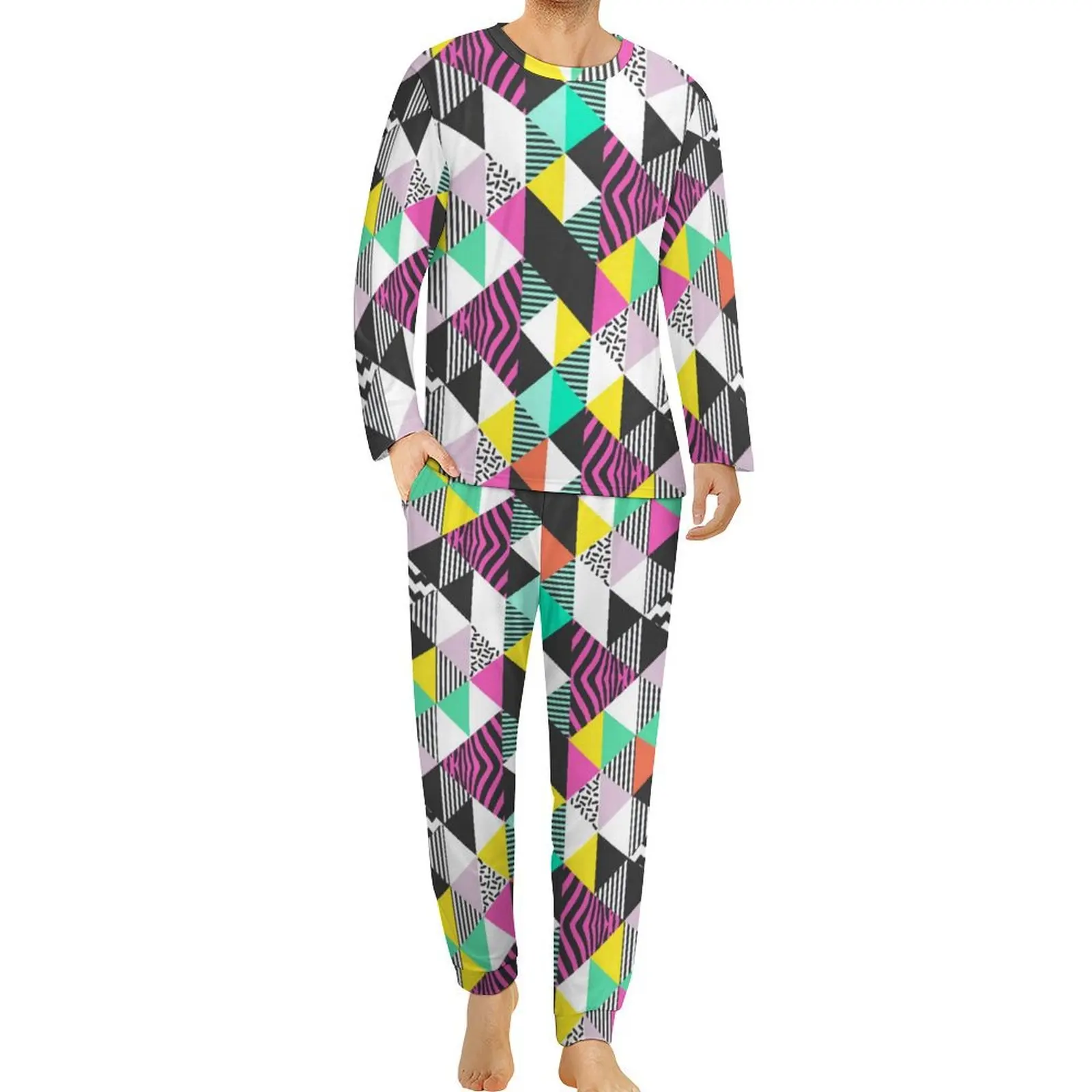 Pijamas de arte geométrico moderno para hombre, ropa de dormir elegante con triángulos abstractos, conjuntos de pijamas de diseño de habitación de dos piezas de manga larga para primavera