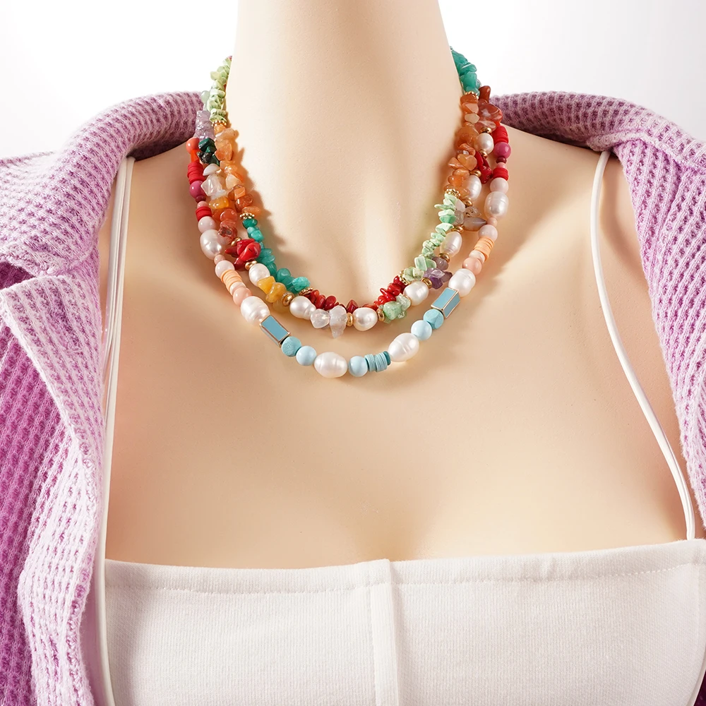 

Bohemia Colored Natural Stone Pearls pendant Necklace Retro Stainless steel Palace Style Fashion Jewelry Gifts