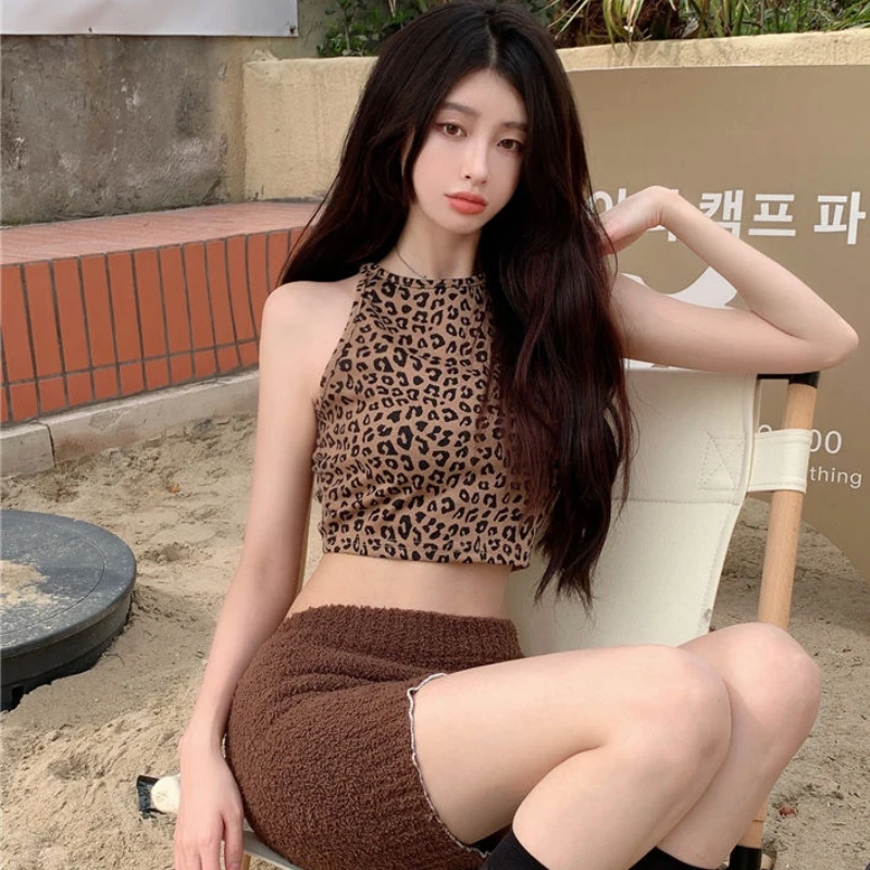 Leopard Tanks Women Y2k Hotsweet Bandage Backless Summer Beach Crop Tops Holiday Sexy Female Streetwear Charming Sleevless Chic