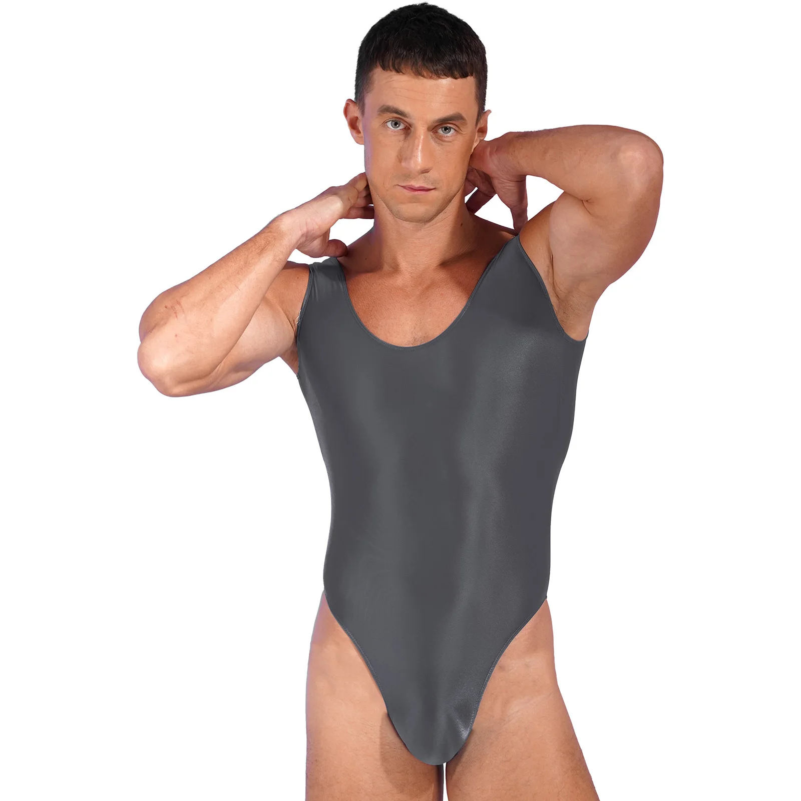 Swimming Suit for Mens One Piece High Cut Sleeveless Leotard Bodysuit Glossy Backless Swimwear Swimsuit Sports Yoga Fitness