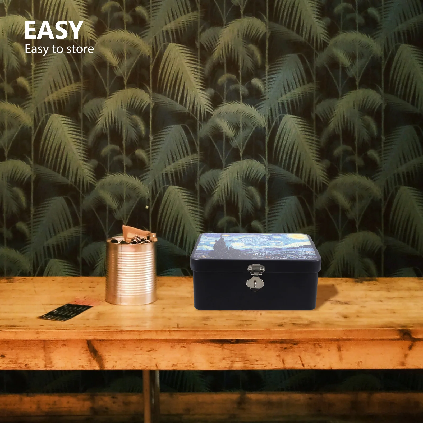 

Vintage Storage Box Tinplate Metal Container With Lock Key Smooth Wide Mouth Desktop Organizer For Tea Coffee Beans