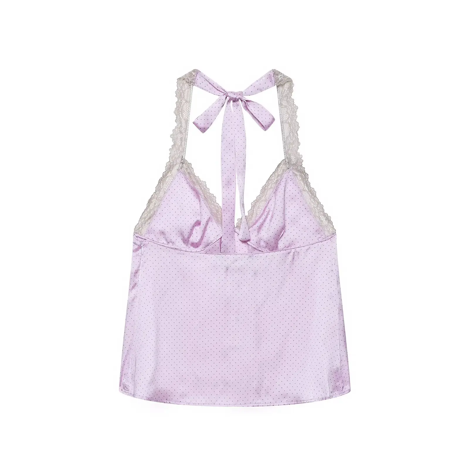 HH Elegantes Polka-Dot-Satin-Neckholder-Top für Damen 2026 Sommer mit Spitzenbesatz und Rückenbindung – Cami für Alltag, Urlaub, Loungewear und Ausgehkleidung – Detail 3