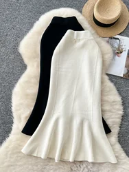 High Waisted Vintage Knitted Skirt Women Ruffled Slit Fishtail Office Midi Skirts Autumn Winter Woolen Skirt