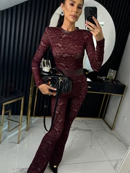 Mozision Lace Print Long Sleeve Jumpsuits Women Overalls Fashion Autumn Winter New Two Layer O Neck Slim Fit Sexy Jumpsuits