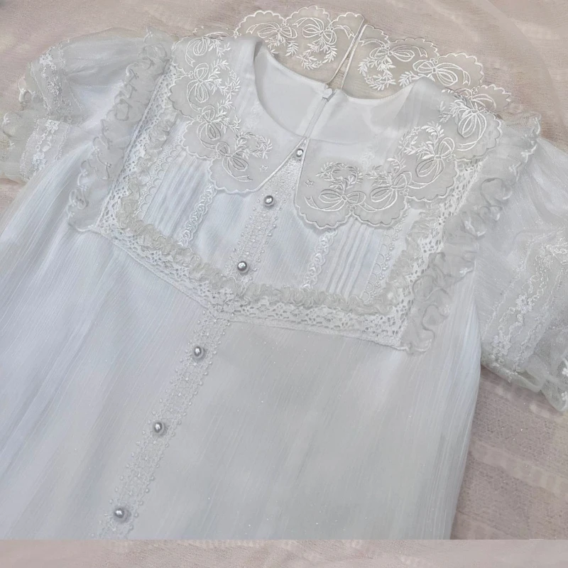 Summer Kawaii Lolita Style Shirts Women Japanese Victorian Lace Flower Embroidery Blouses Girly Vintage Elegant Cute Inside Tops