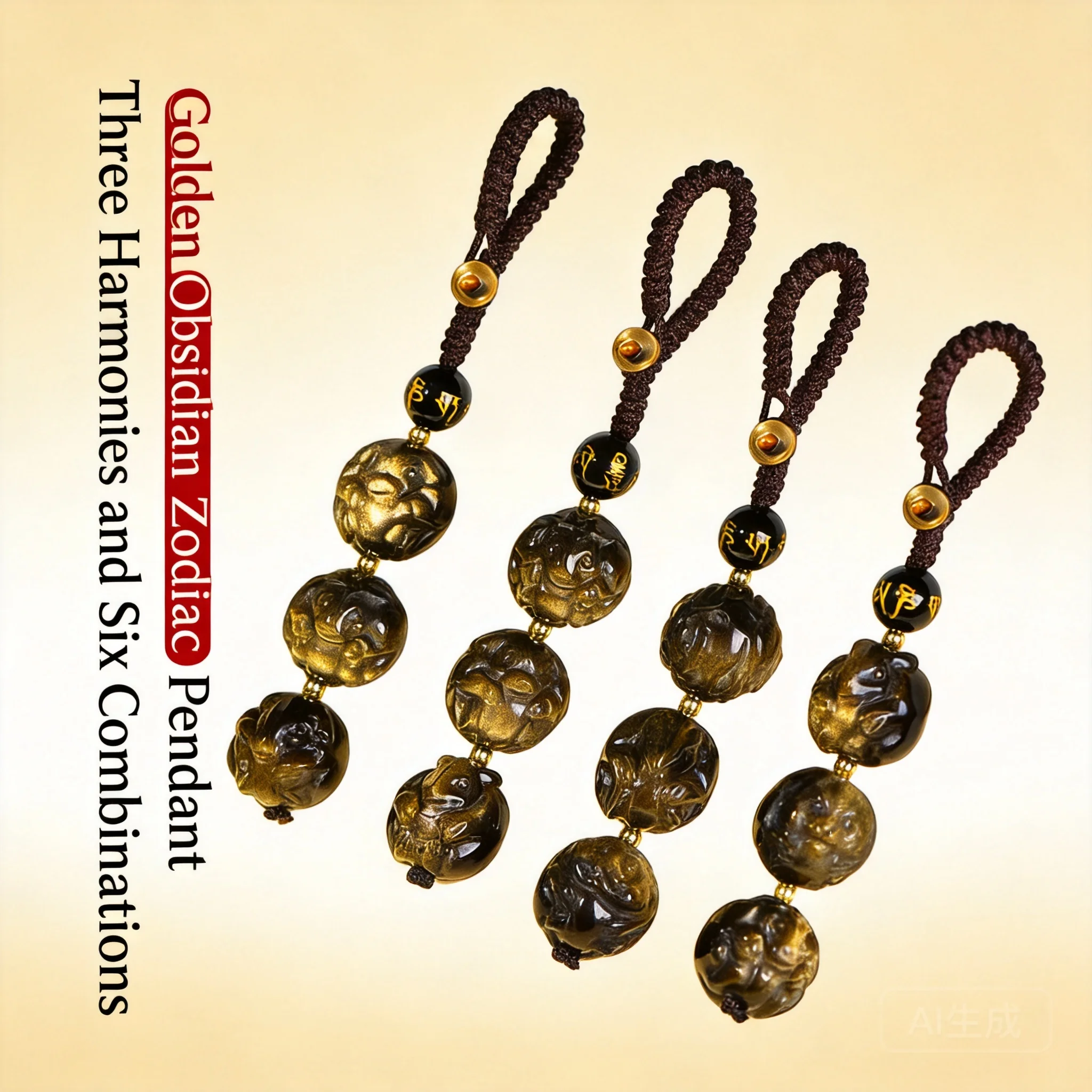 

Natural Golden Obsidian Chinese Zodiac Keychain Pendant 2026 Sanhe Liuhe Lucky Car Bag Hanging Decor Braided Rope Amulet Gift
