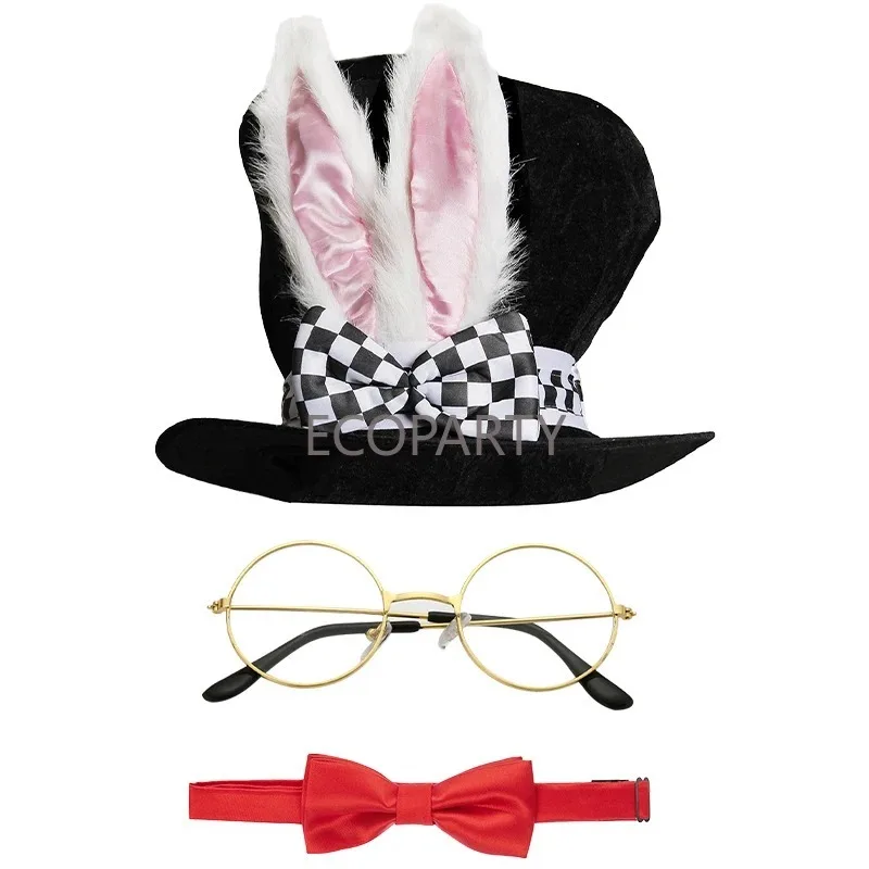 Ensemble de Costume de Lapin Blanc, Chapeau de Chapelier Fou, Oreilles de Lapin, en Peluche, Accessoires d'Halloween