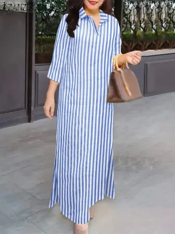 ZANZEA 2025 Striped Shirt Dress for Women Casual Turn-Down Collar 3/4 Sleeve Side Slit Maxi Long Dresses Autumn Commuting S-3XL