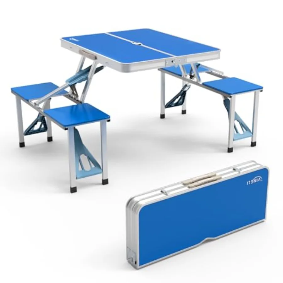 

Camping picnic table with 4 seats and umbrella hole for yard, travel, RV use; aluminum frame, green plastic tabletop; foldable,
