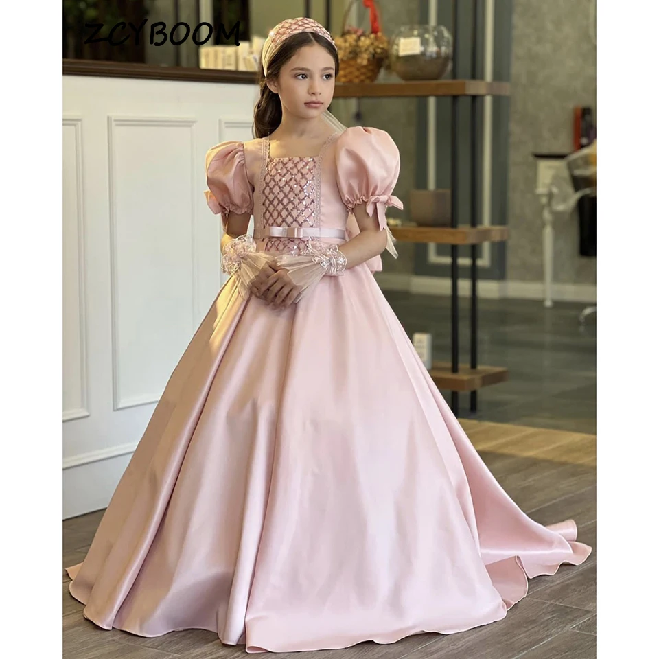 

Elegant Square Collar Puff Sleeves Bow Flower Girl Dress For Wedding 2023 A-Line Floor Length First Communion Dress Pageant Gown